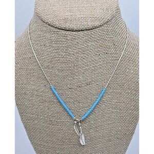 Sleeping Beauty Turquoise‎ Heishi Liquid Silver Necklace Feather Pendants 15.5"